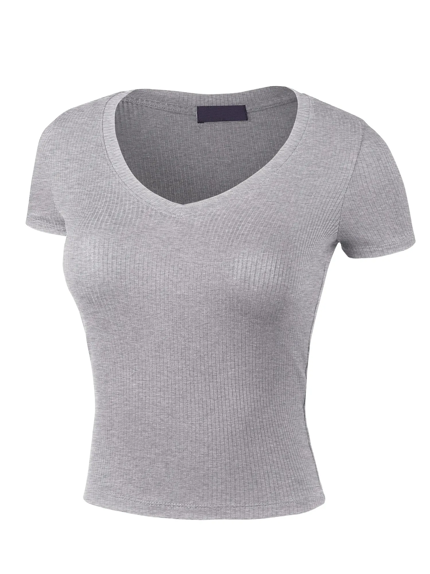 Women's Basic Ribbed V Neck Short Sleeve T-Shirt (FWT1082)