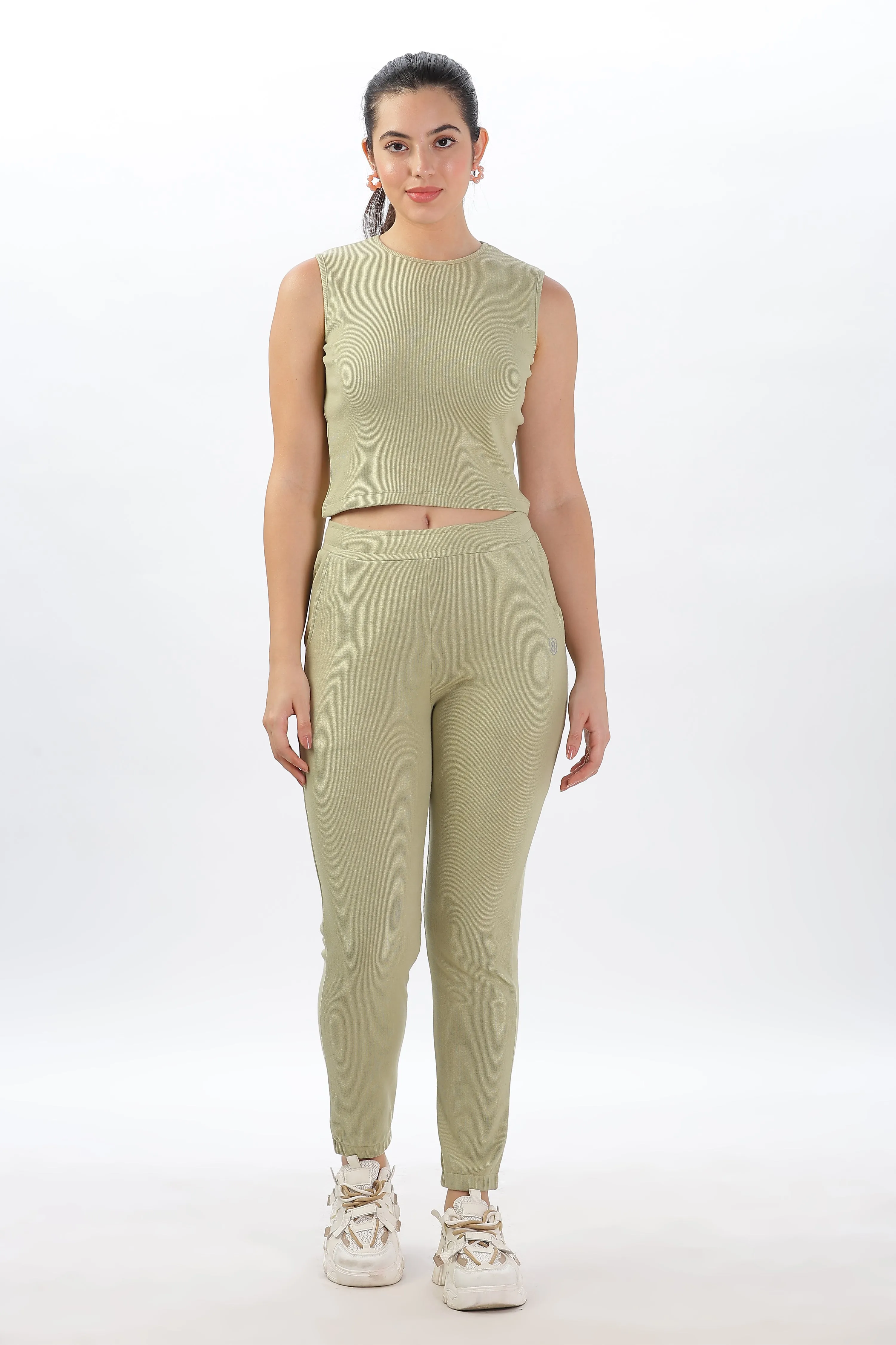 Womens Cotton Crop Top and draw string side pocket Jogger (Light Green)