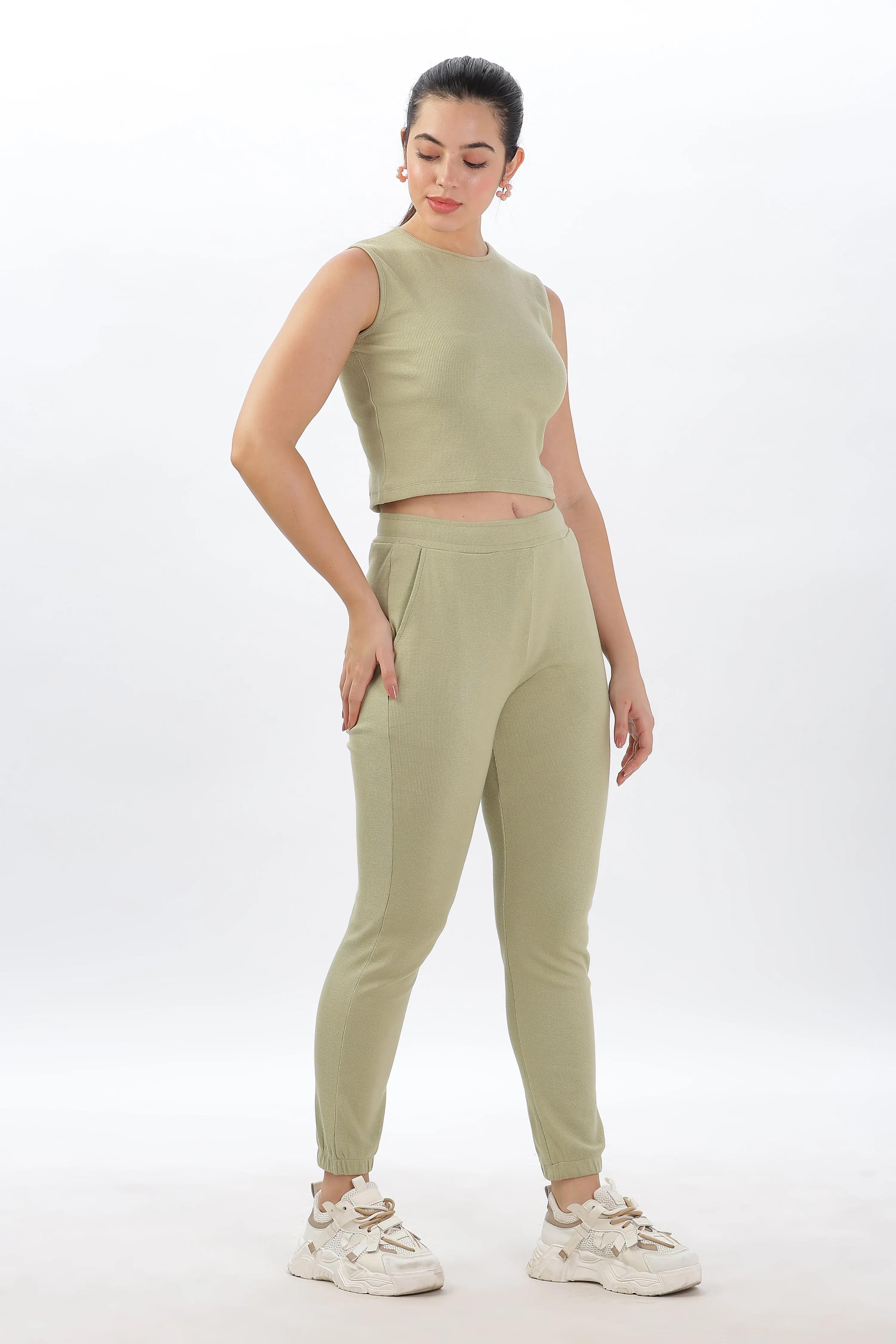 Womens Cotton Crop Top and draw string side pocket Jogger (Light Green)