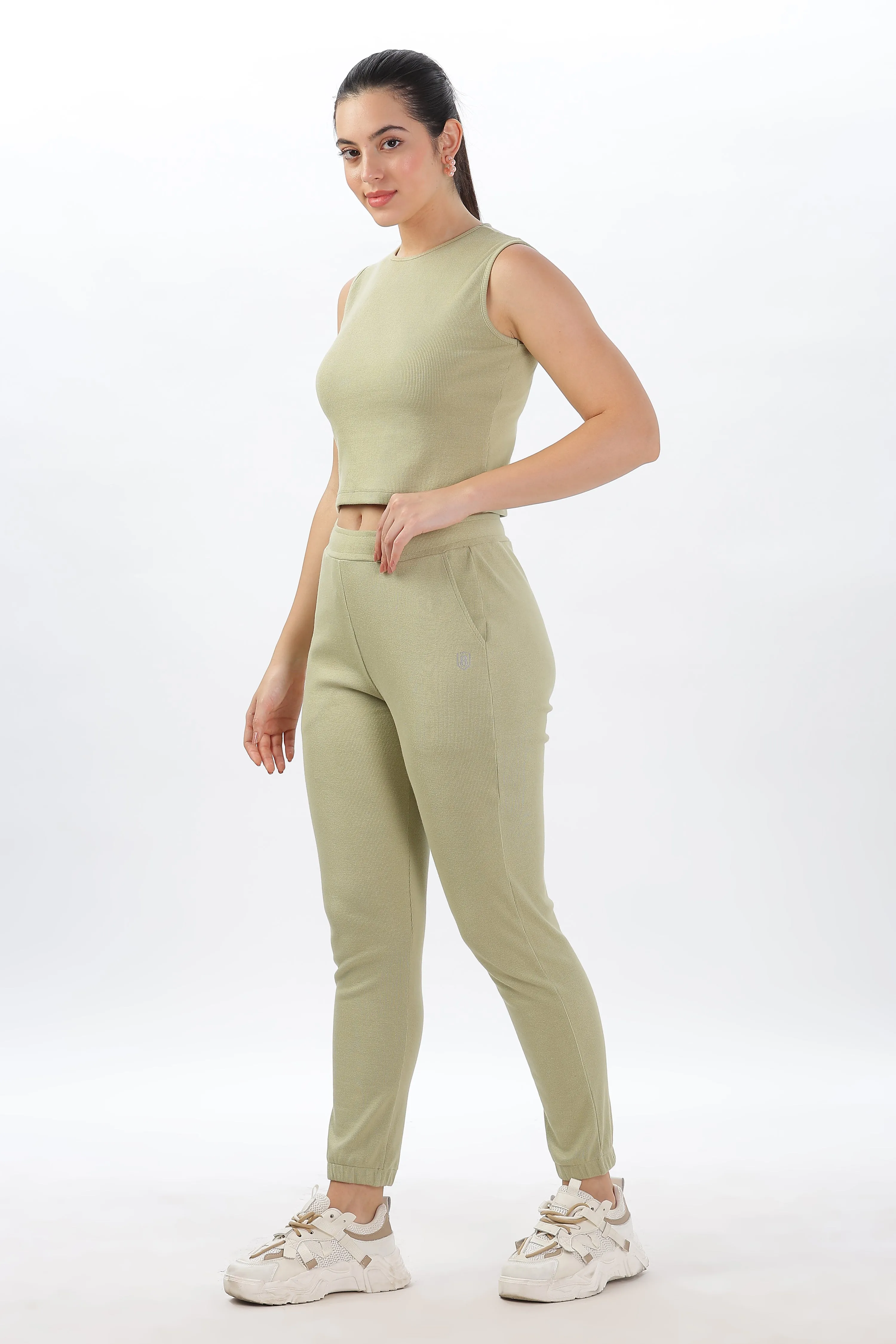 Womens Cotton Crop Top and draw string side pocket Jogger (Light Green)