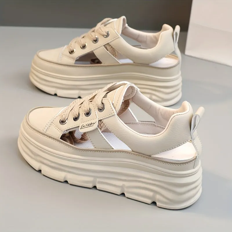 Women's Cutout Design Platform Sneakers, Casual Lace Up Outdoor Shoes, Comfortable Low Top Shoes