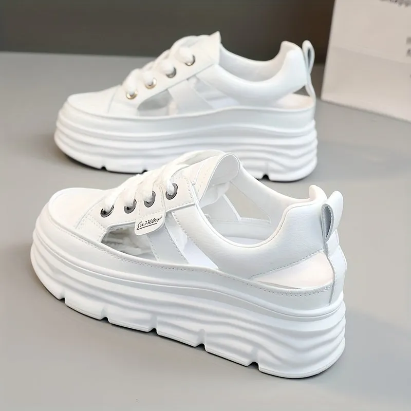 Women's Cutout Design Platform Sneakers, Casual Lace Up Outdoor Shoes, Comfortable Low Top Shoes