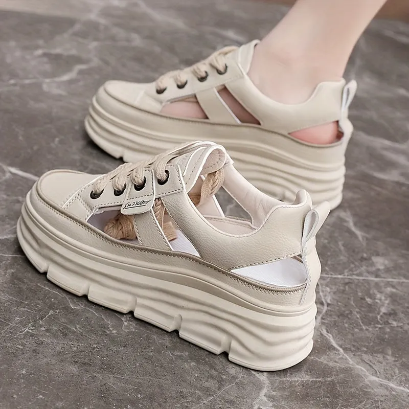 Women's Cutout Design Platform Sneakers, Casual Lace Up Outdoor Shoes, Comfortable Low Top Shoes