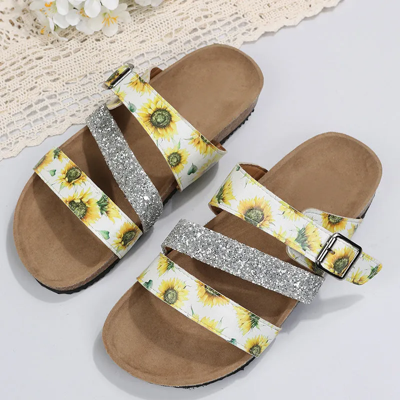 Womens Floral Cross Strap Flat Low Heel Fashion Sandals