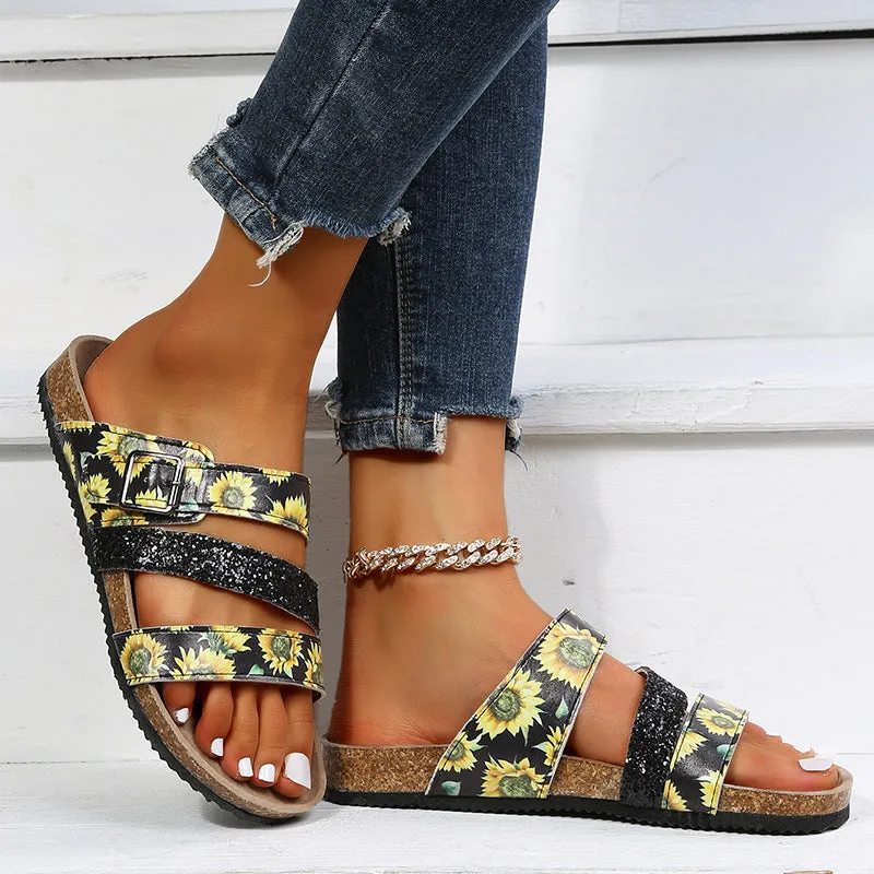 Womens Floral Cross Strap Flat Low Heel Fashion Sandals