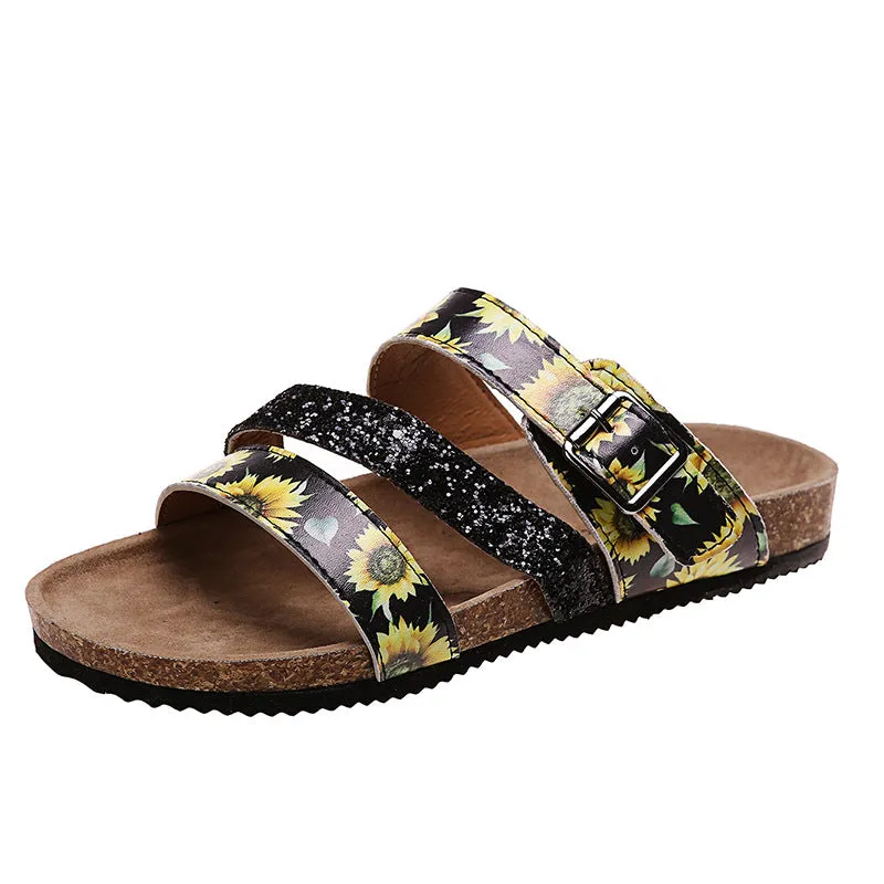 Womens Floral Cross Strap Flat Low Heel Fashion Sandals