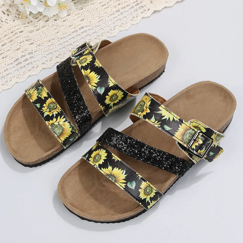 Womens Floral Cross Strap Flat Low Heel Fashion Sandals