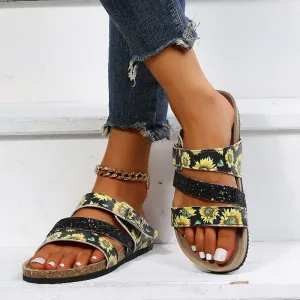 Womens Floral Cross Strap Flat Low Heel Fashion Sandals