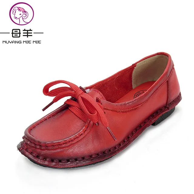 Women's Handmade Shoes Genuine Leather Flat Lacing Mother Shoes Woman Loafers Soft Single Casual Shoes Women Flats