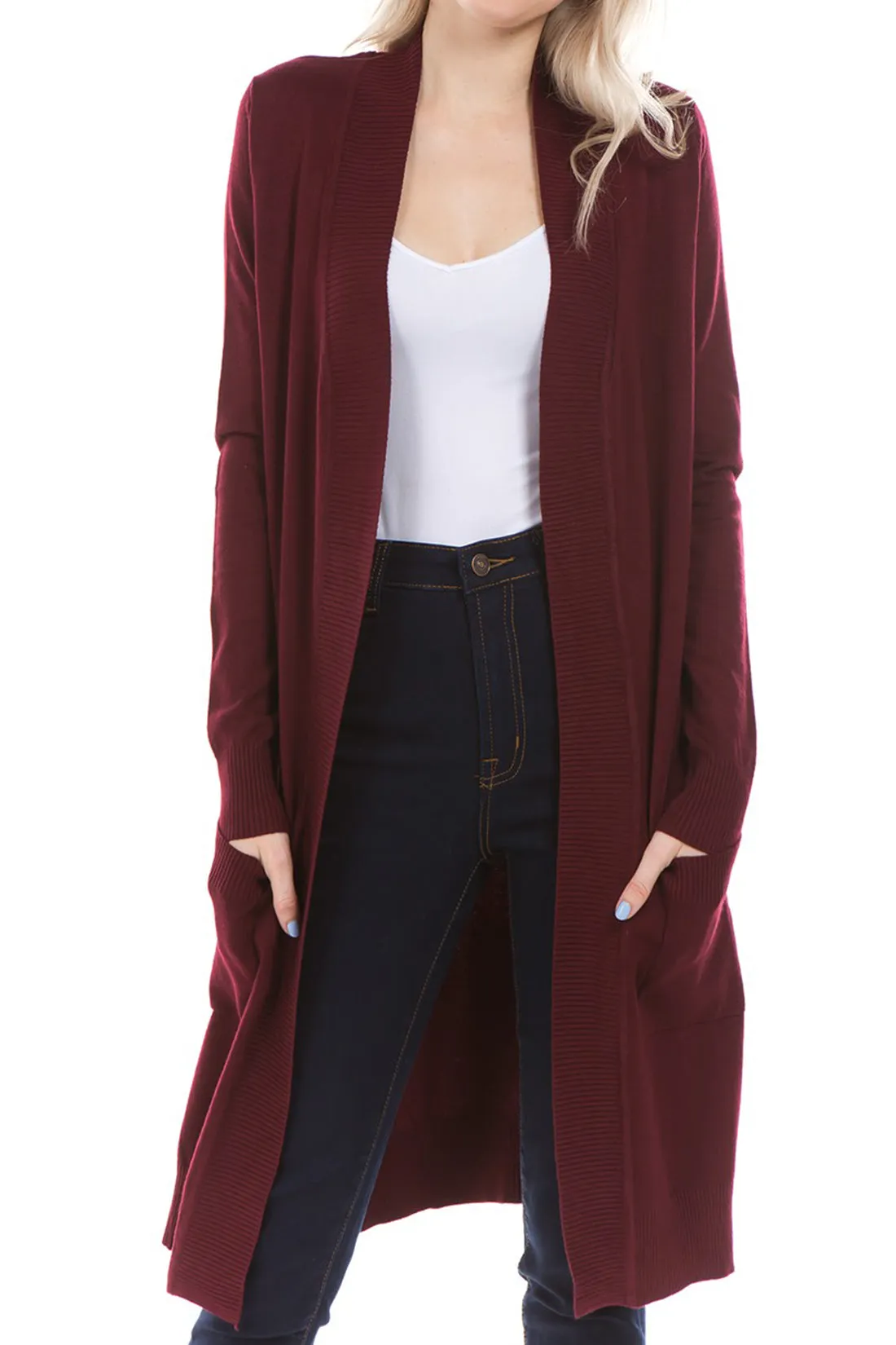 Women's Long Line Open Front Knit Sweater Cardigan with Pockets (FWC1092)