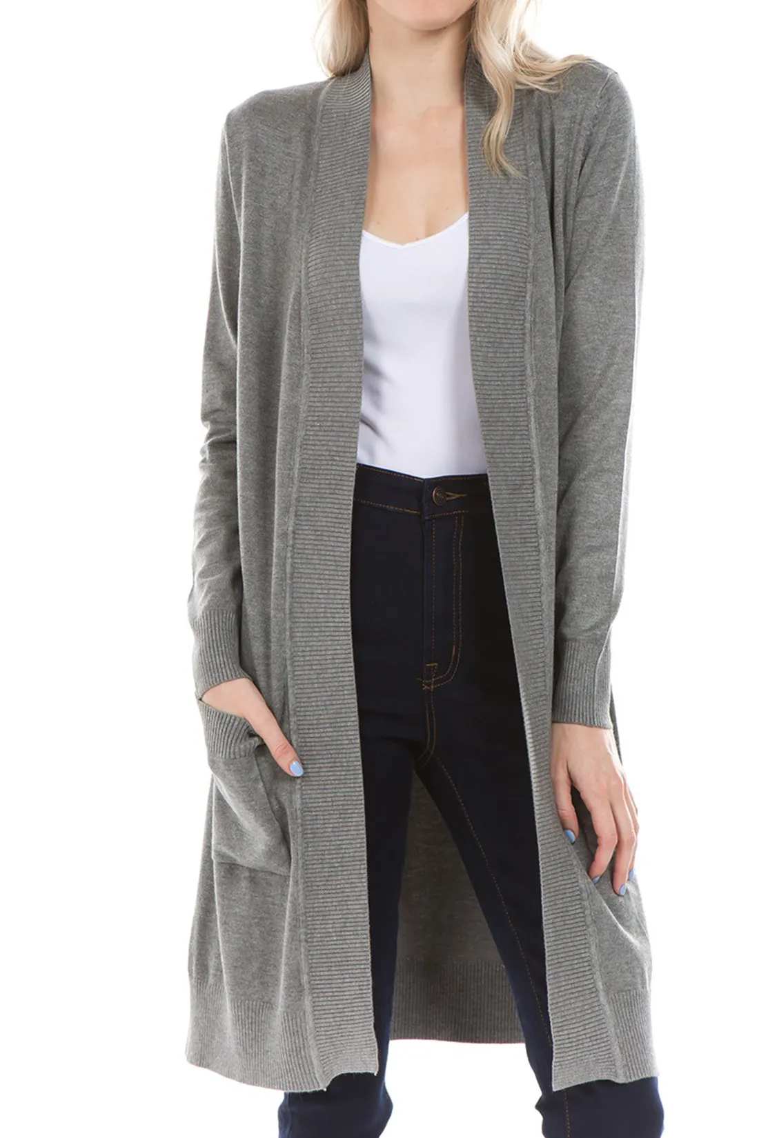 Women's Long Line Open Front Knit Sweater Cardigan with Pockets (FWC1092)