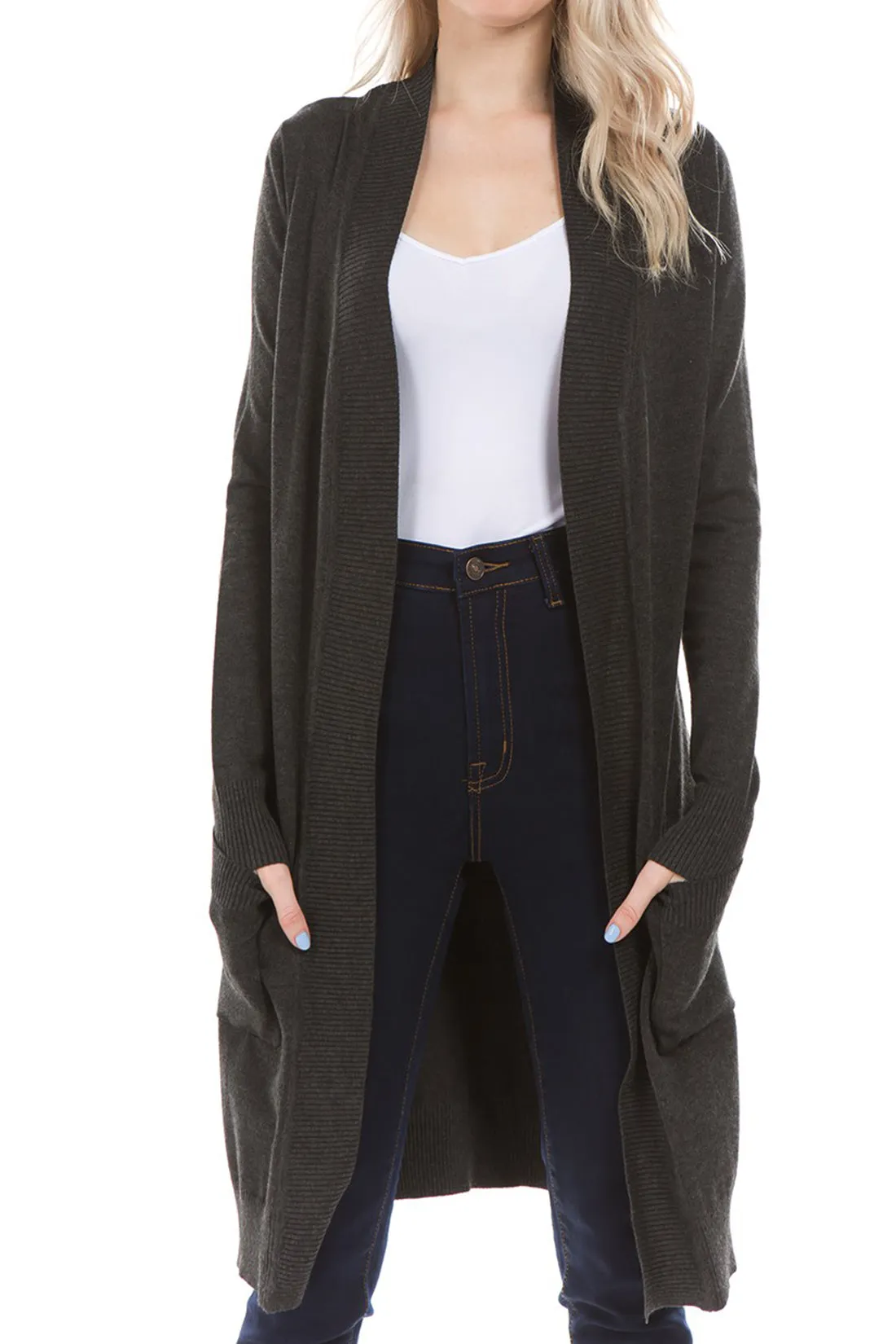 Women's Long Line Open Front Knit Sweater Cardigan with Pockets (FWC1092)