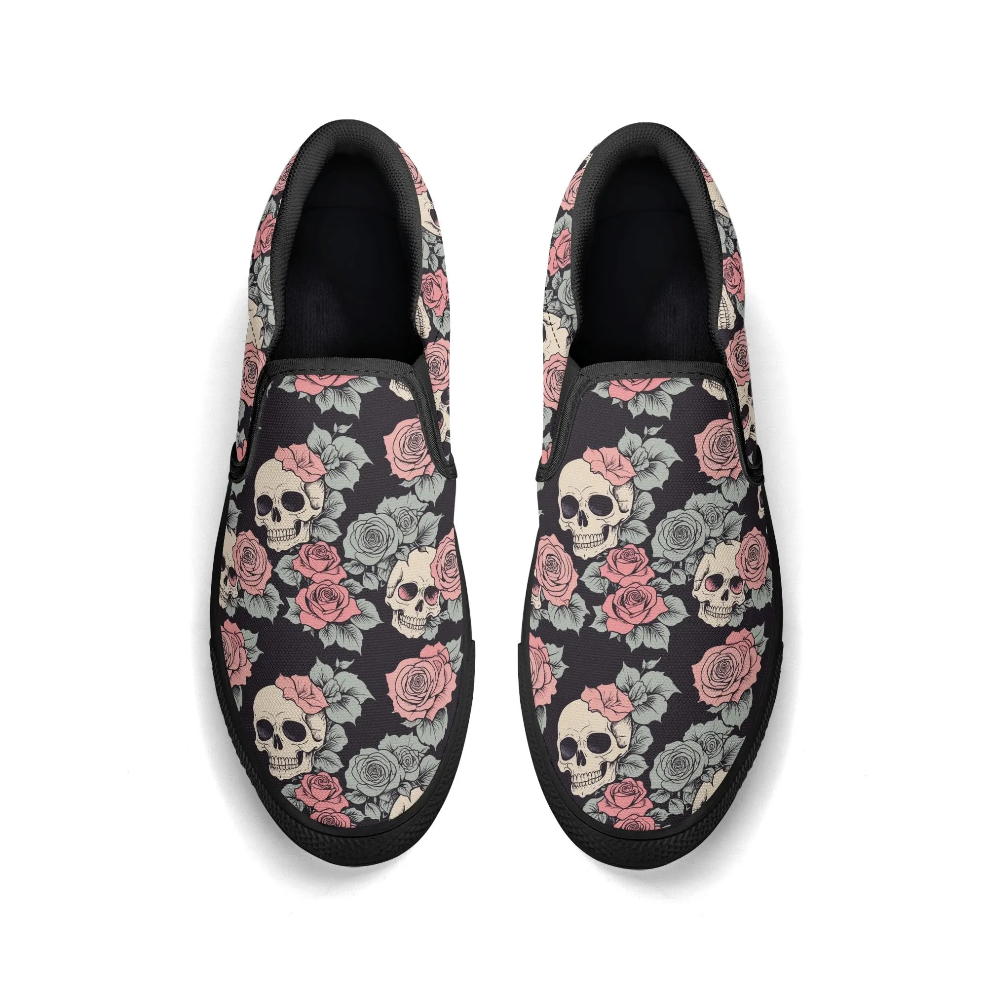 Womens Skull and Pink Rose Rubber Slip On Shoes