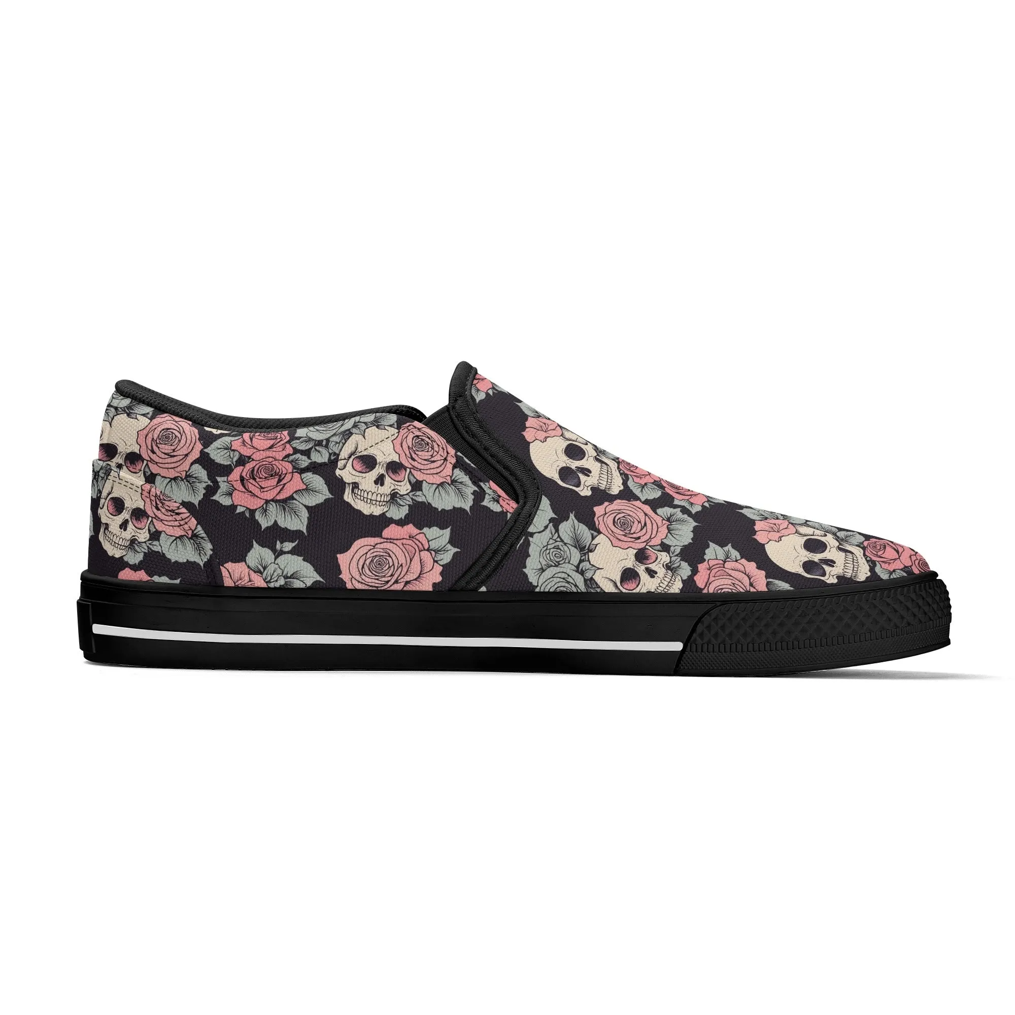 Womens Skull and Pink Rose Rubber Slip On Shoes