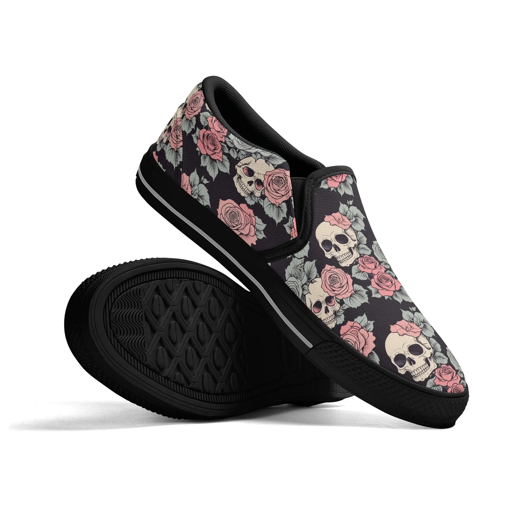 Womens Skull and Pink Rose Rubber Slip On Shoes