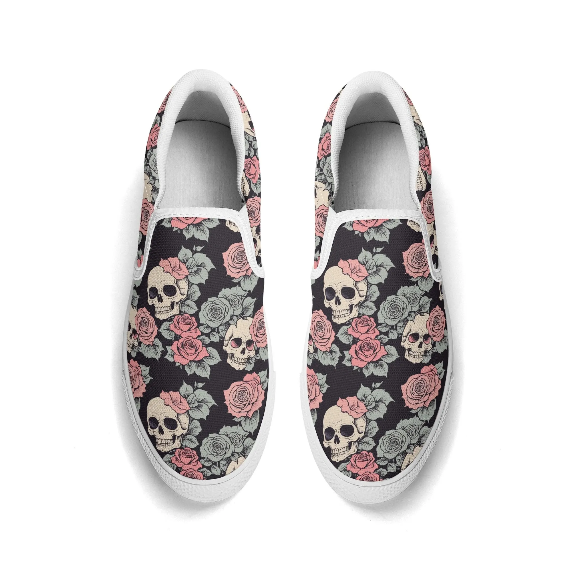 Womens Skull and Pink Rose Rubber Slip On Shoes