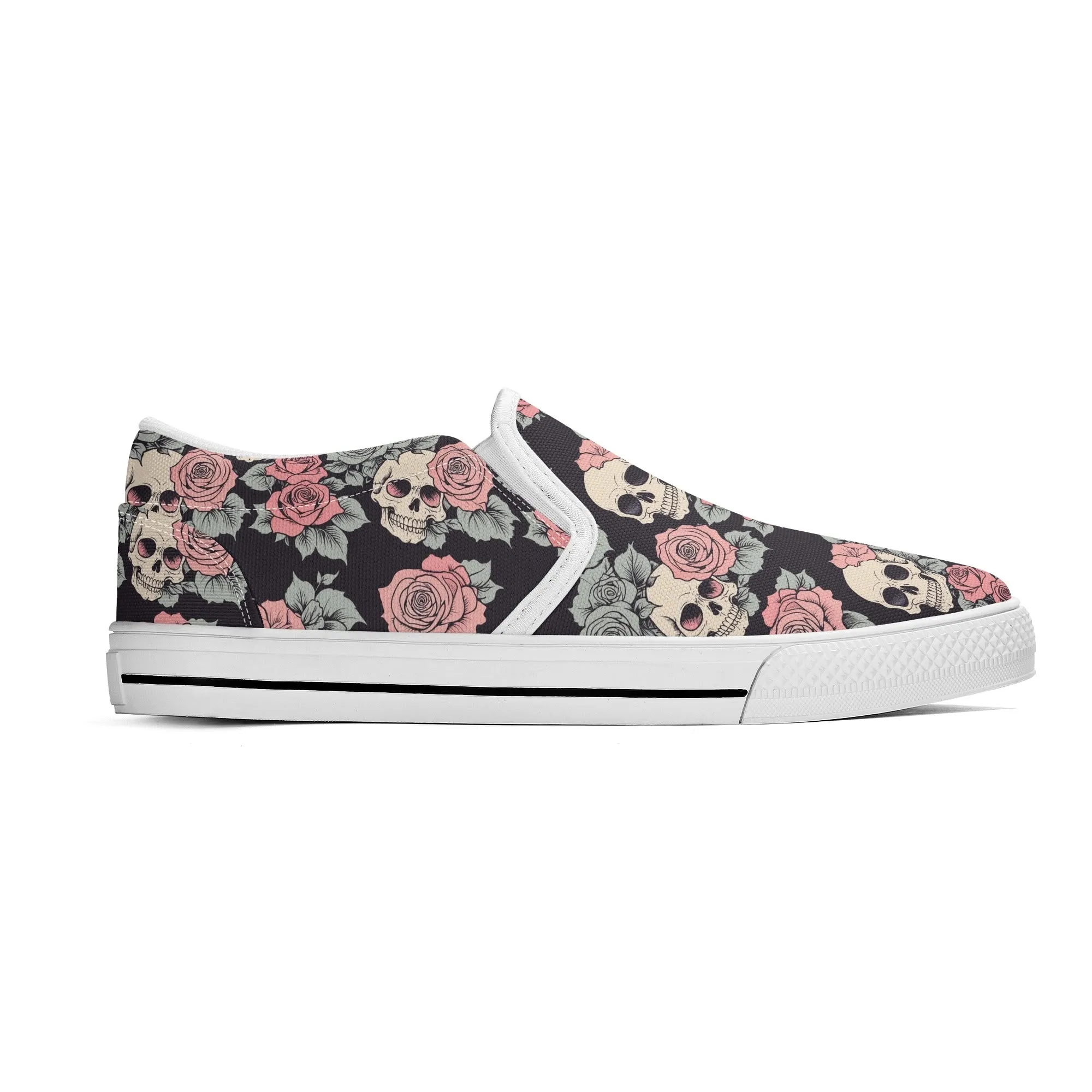 Womens Skull and Pink Rose Rubber Slip On Shoes