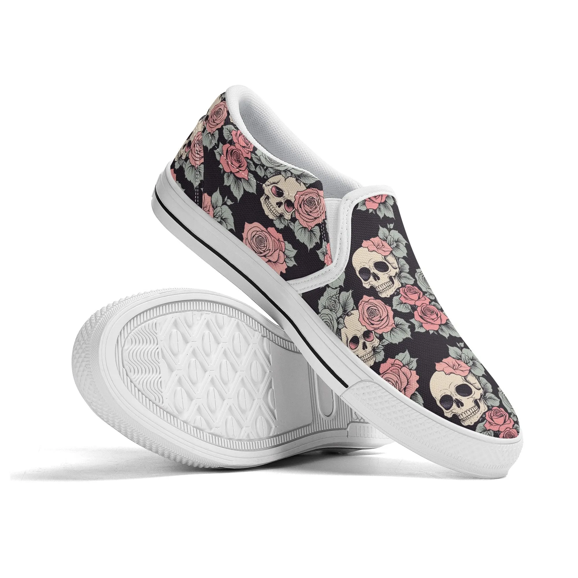 Womens Skull and Pink Rose Rubber Slip On Shoes