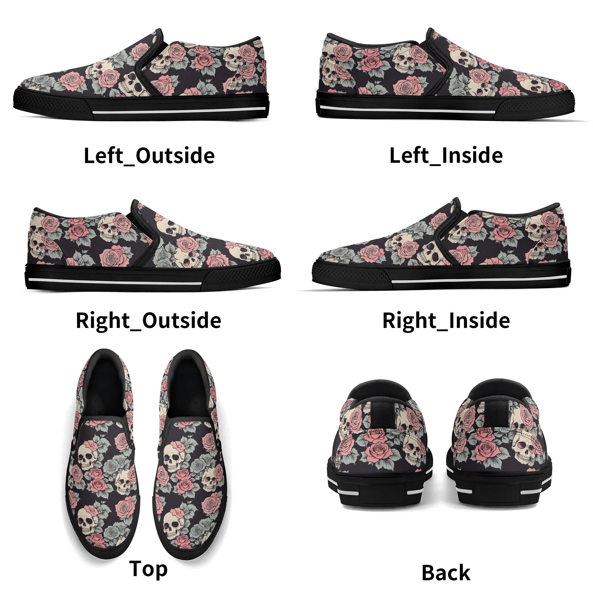 Womens Skull and Pink Rose Rubber Slip On Shoes