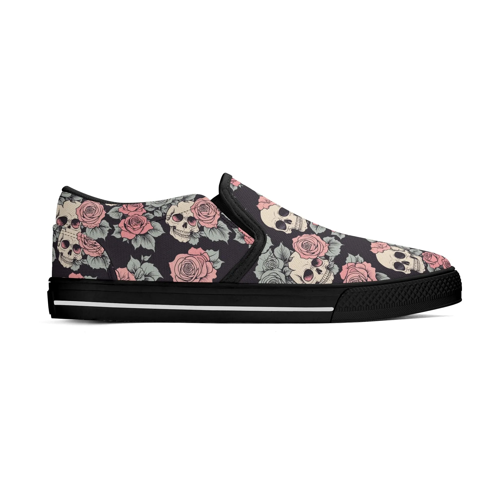 Womens Skull and Pink Rose Rubber Slip On Shoes