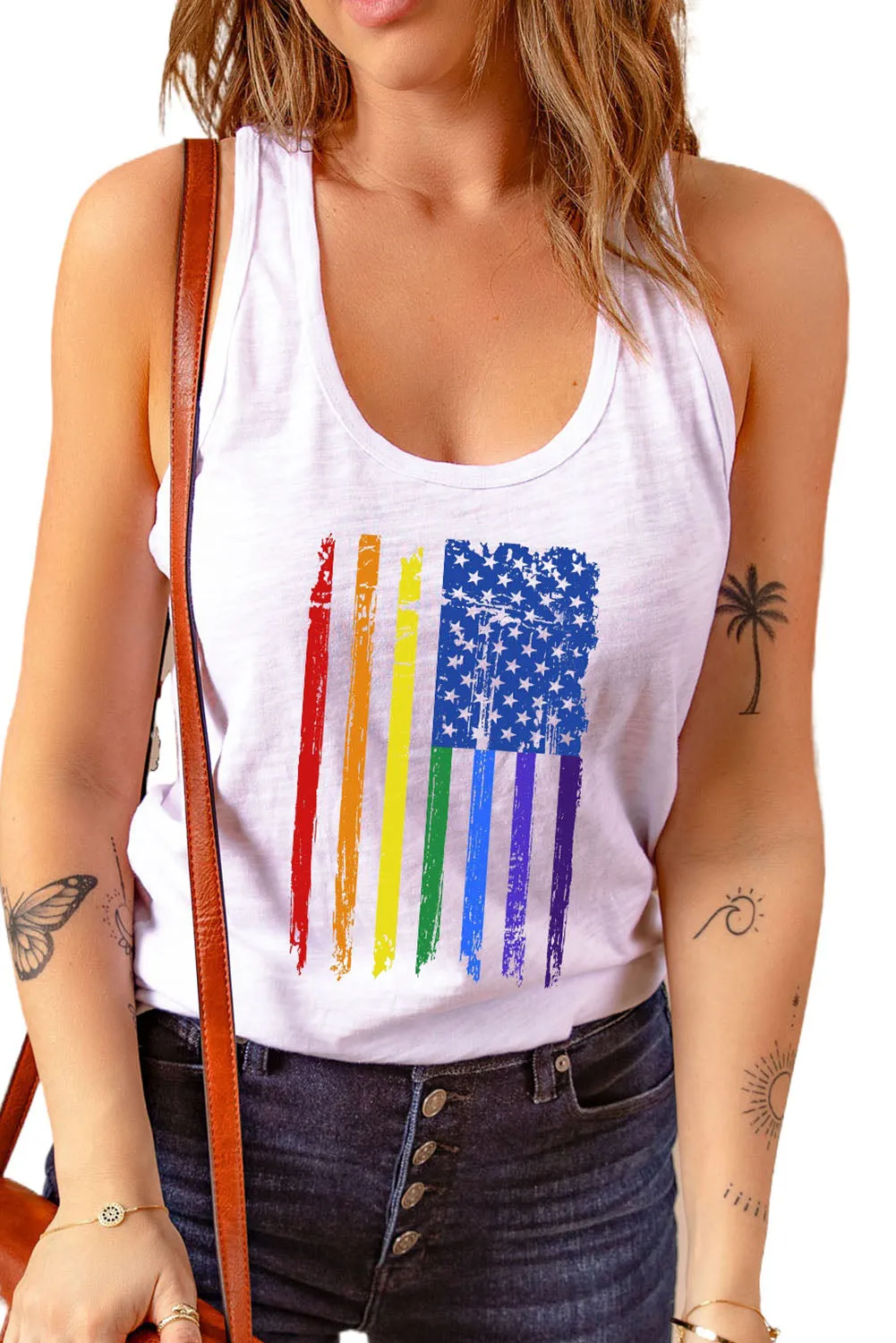 Women's Vintage Rainbow Flag Print Workout Tank Top LGBTQ Gifts