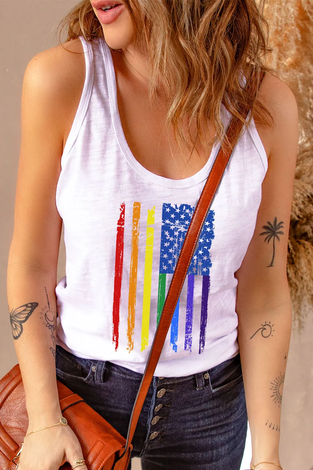 Women's Vintage Rainbow Flag Print Workout Tank Top LGBTQ Gifts