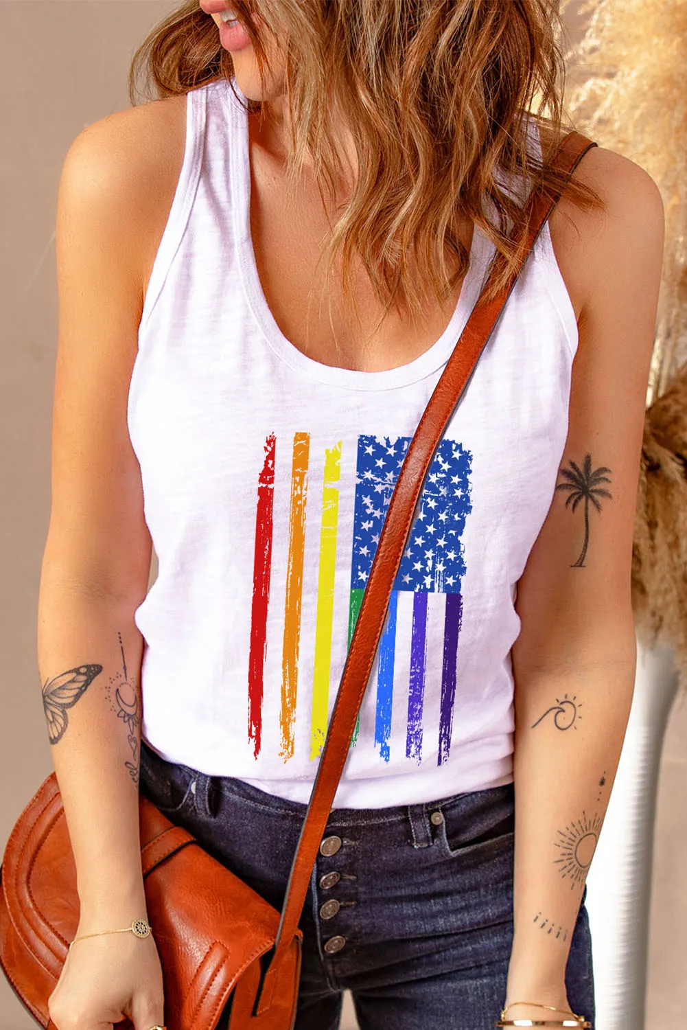 Women's Vintage Rainbow Flag Print Workout Tank Top LGBTQ Gifts