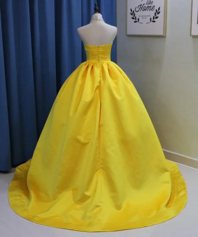 Yellow Ball Gown High Neck Prom Dress with Beading, Long Halter Quinceanera Dress M1553