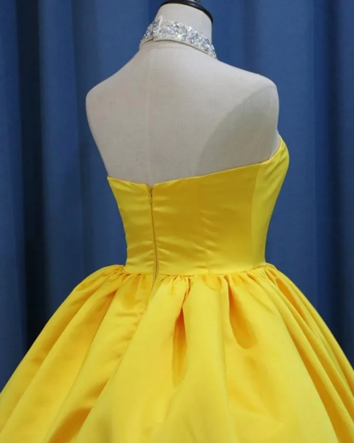 Yellow Ball Gown High Neck Prom Dress with Beading, Long Halter Quinceanera Dress M1553