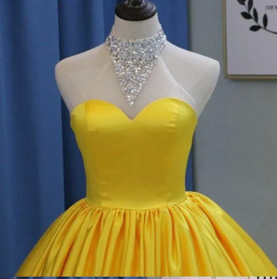 Yellow Ball Gown High Neck Prom Dress with Beading, Long Halter Quinceanera Dress M1553